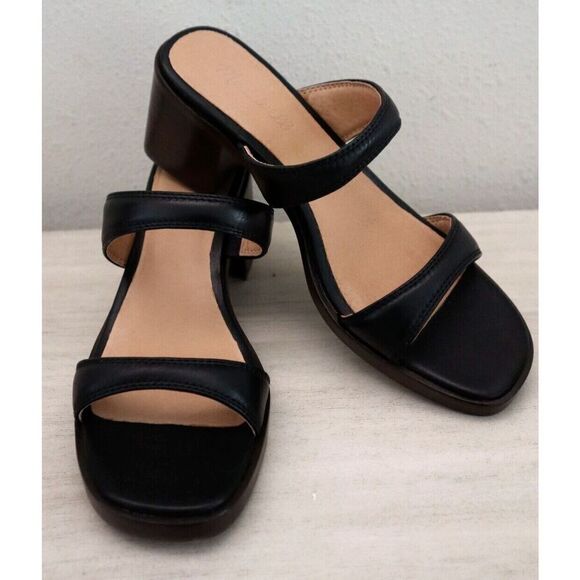 Madewell Women's Sz 8M Black Leather The Saige Double Strap Heeled Sandals - Picture 2 of 11